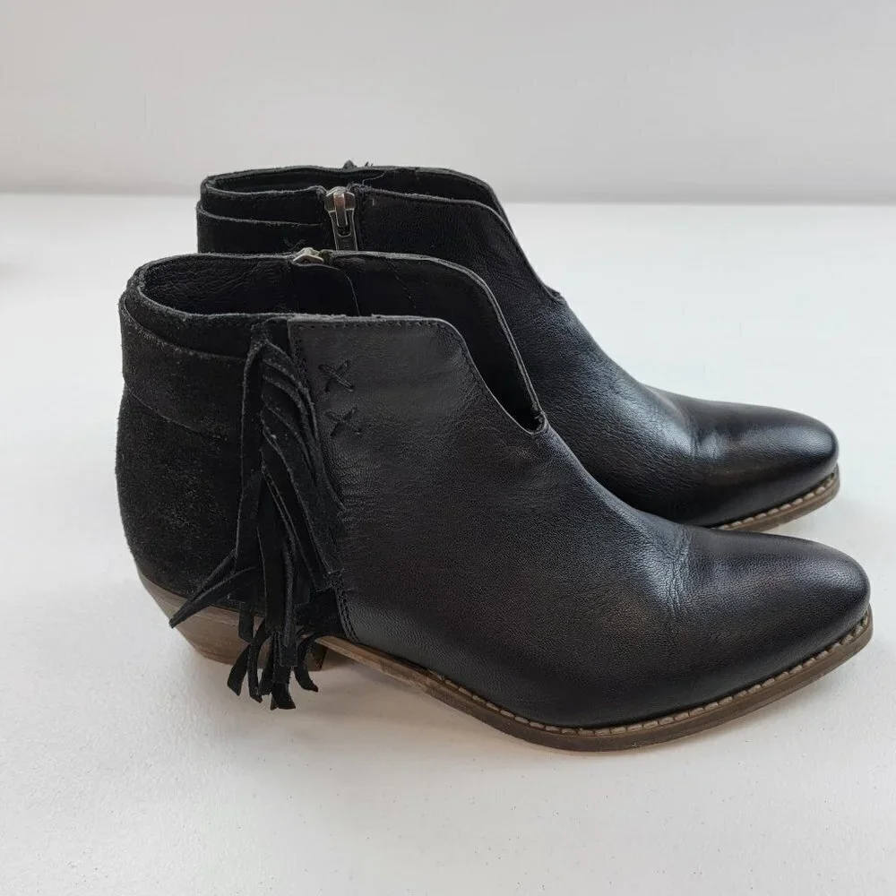 DIBA True Black Leather Fringe Bootie Women's 7.5 Block Heel 2